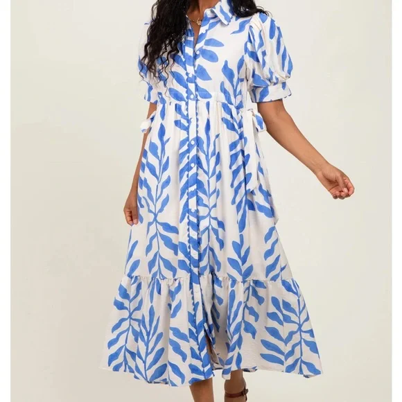 Blue and White Leaf Print Dress - Picture 2 of 9